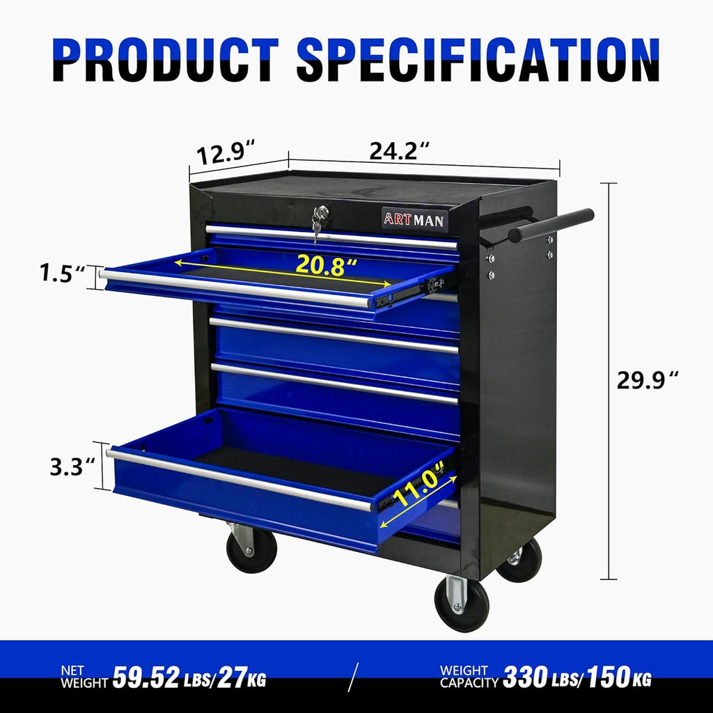 7 Drawers Rolling Tool Cart on Wheels, Multifunctional Organizer Tool Chest Tool Case , Trolley Tool Storage Tool Box for Workshop,Garage,Repair Shop (7 Drawers 24.2"W×12.9"D×29.9"H-Black&Blue)
