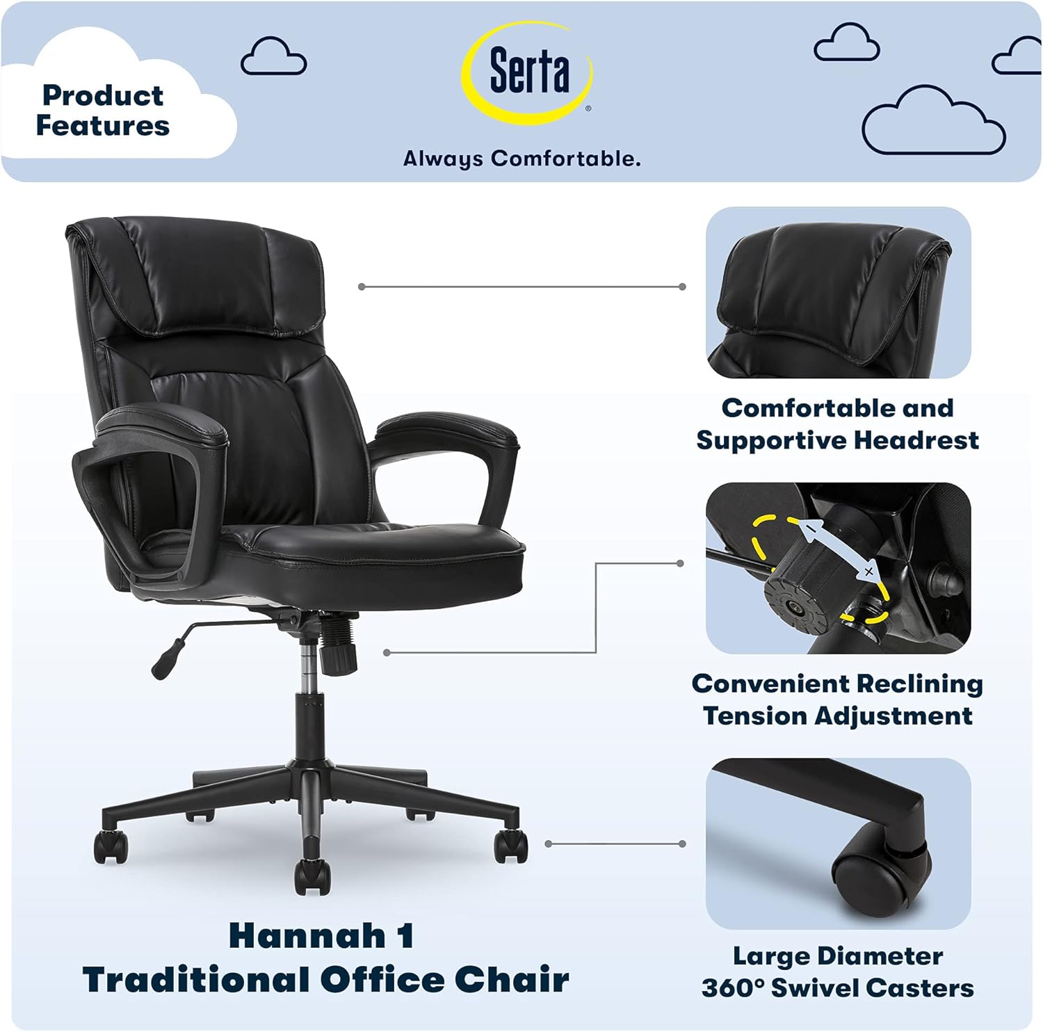 Serta Hannah Executive Home Office Desk Chair, Ergonomic Mid-Back with Lumbar Support, Firm Seat Cushion, Layered Body Pillows, Padded Armrests, Swivel Base, Easy Assembly, Bonded Leather, Black