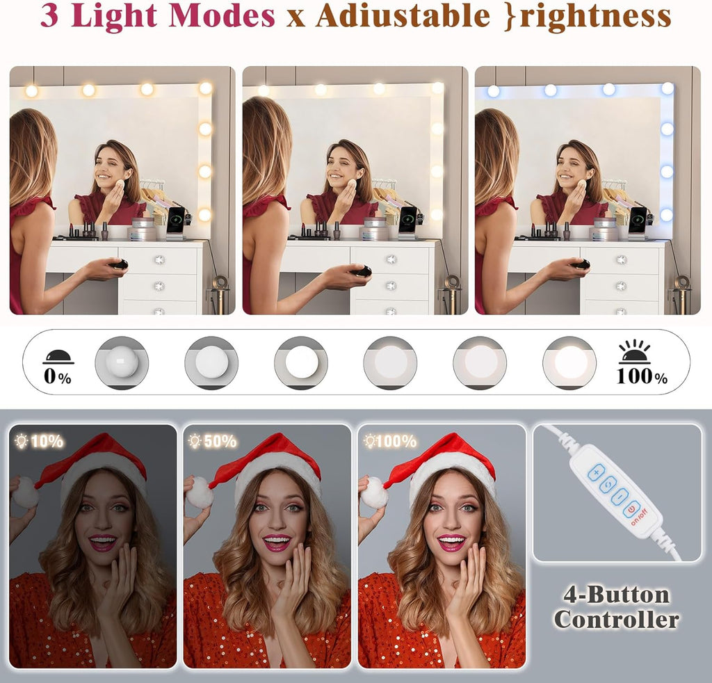 15 Drawers Vanity Desk, Large Makeup Vanity with Power Outlet, Vanity Table with Mirror and Light, 3 Color Lighting Modes, Tempered Glass Top, Dressing Table for Bedroom (White)