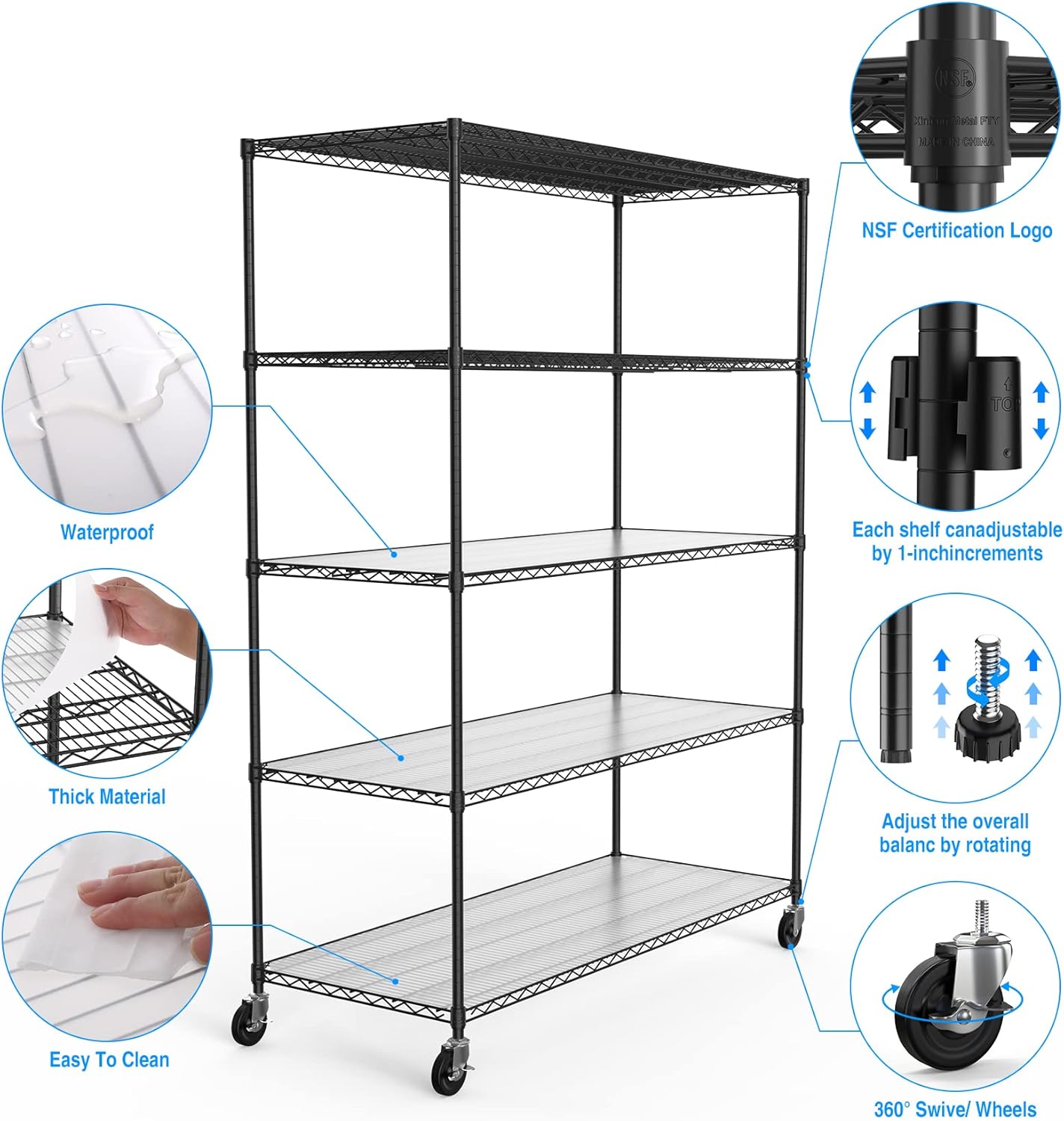 5 Tier 7500lbs Capacity NSF Metal Shelf Wire Shelving Unit, Heavy Duty Adjustable Storage Rack with Wheels & Shelf Liners for Commercial Grade Utility Steel Storage Rack, Black - 82"H x 60"L x 24"D