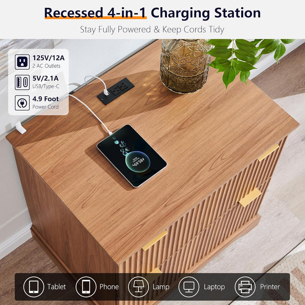 JXQTLINGMU 2 Drawer File Cabinet with Charging Station, 30" Fluted Lateral File Cabinet w/Files Hanging Rod for Letter/Legal/A4, Large Tabletop for Printer, Office Wood Printer Cabinets, Dark Grain