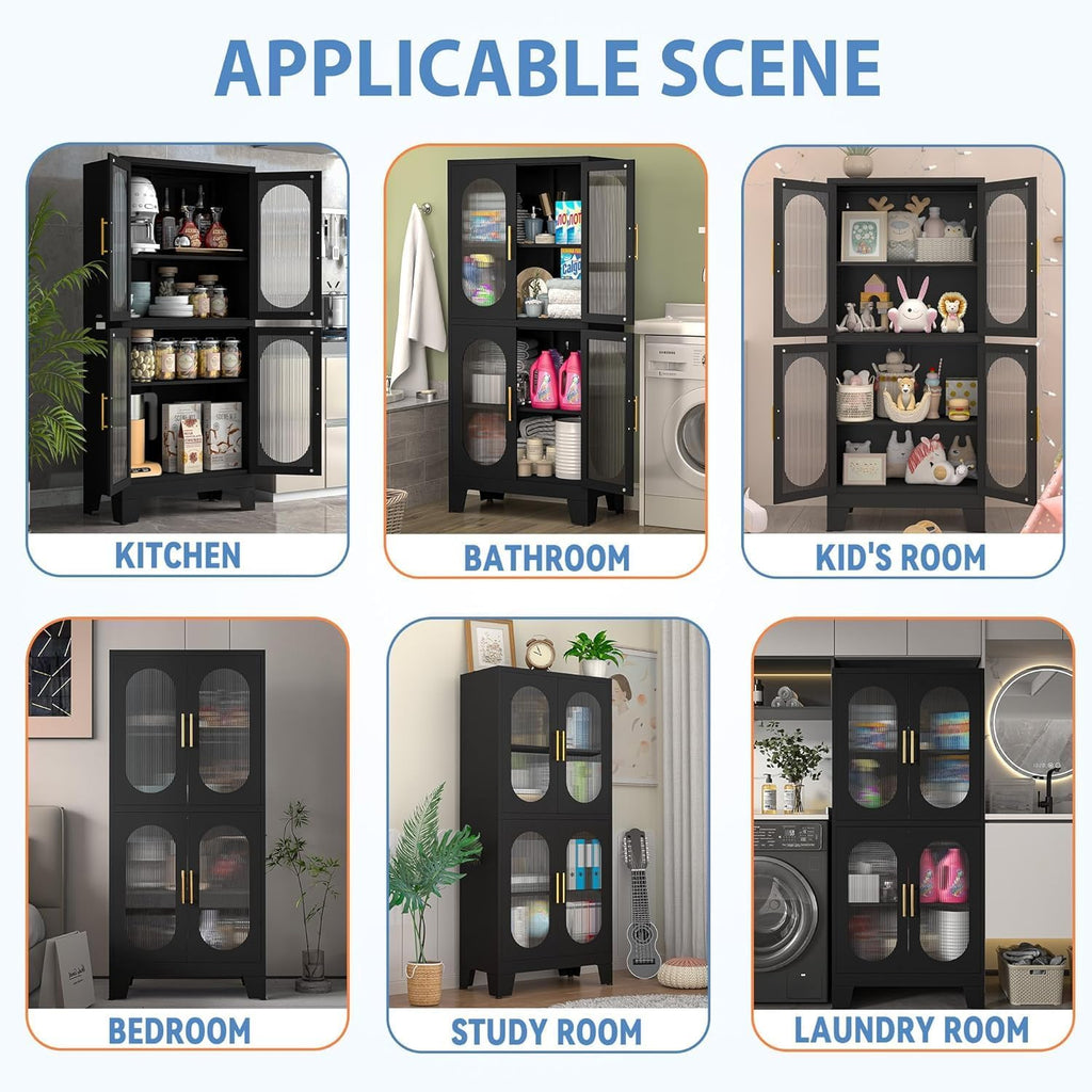 GAIOUS Black Kitchen Pantry Cabinet, Pantry Storage Cabinet with Acrylic Glass Doors and Adjustable Shelves, Tall Versatile Storage for Kitchen, Dining Room, Home Office and Bedroom