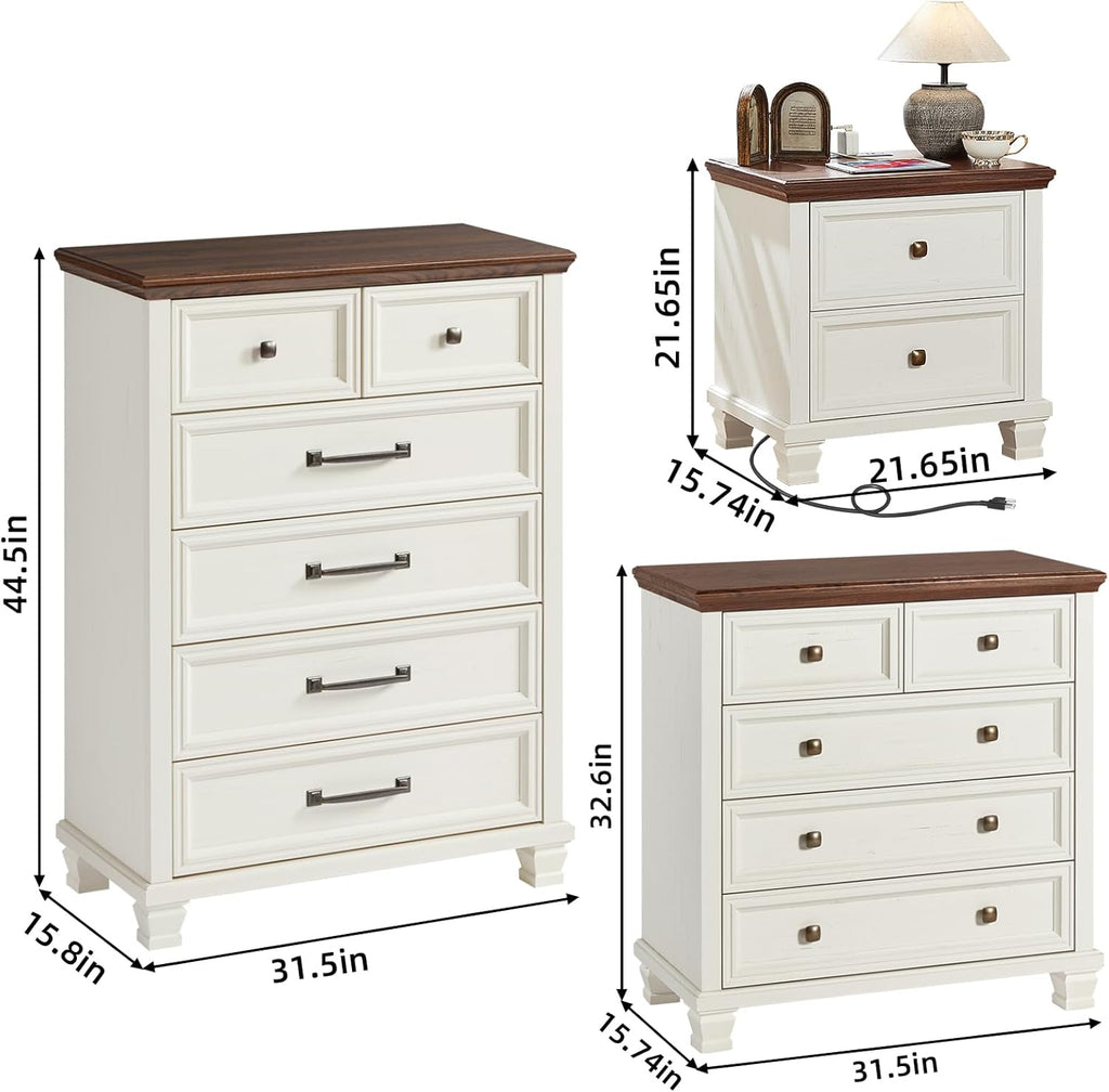 Farmhouse Bedroom Dresser and Nightstand Set of 4, 6 Drawer Tall & 5 Drawers Dresser & 2 Drawer Nightstand Set, Rustic Wood Furniture Set for Bedroom, Hallway, White