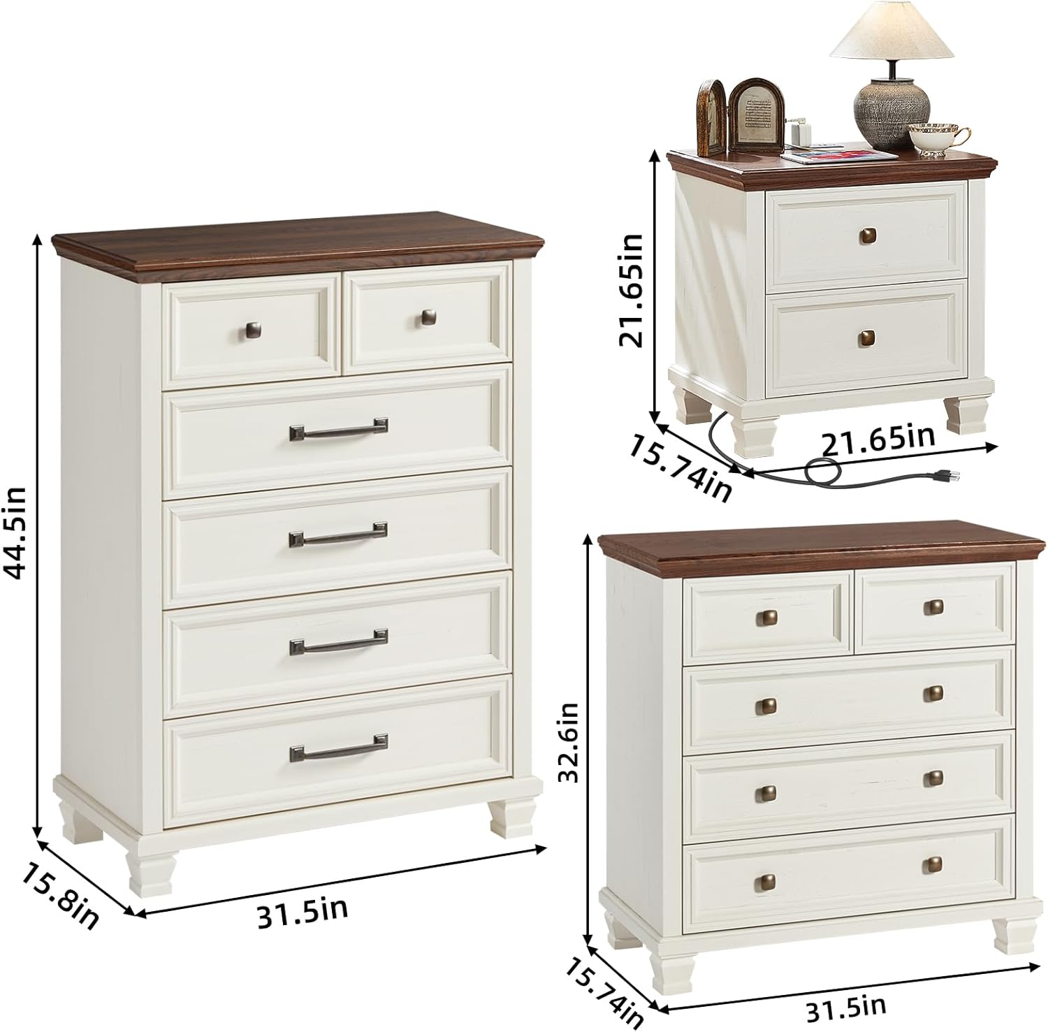 Farmhouse Bedroom Dresser and Nightstand Set of 4, 6 Drawer Tall & 5 Drawers Dresser & 2 Drawer Nightstand Set, Rustic Wood Furniture Set for Bedroom, Hallway, White