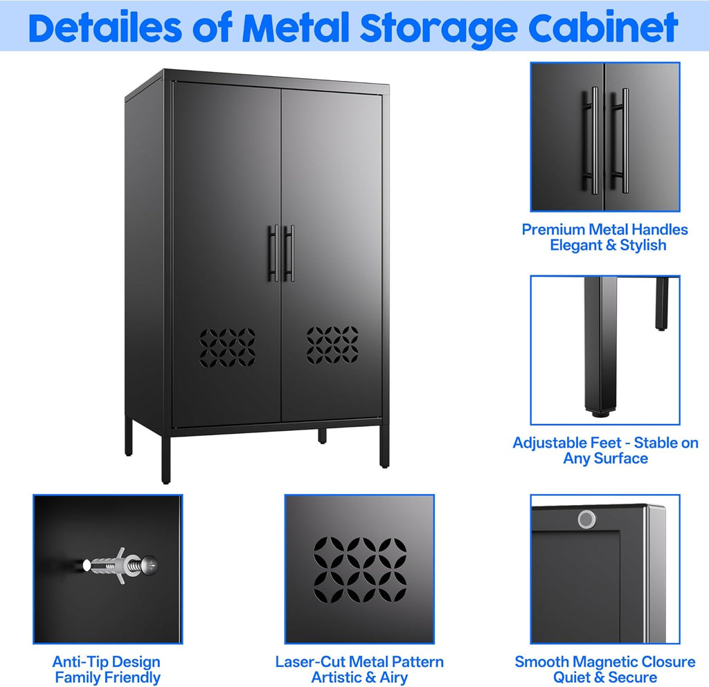 Metal Storage Cabinet with Adjustable Shelves,Metal Sideboard Cabinet with 2 Doors for Home,Office, 42" H x 26" W x 14" D,Assembly Required,Black