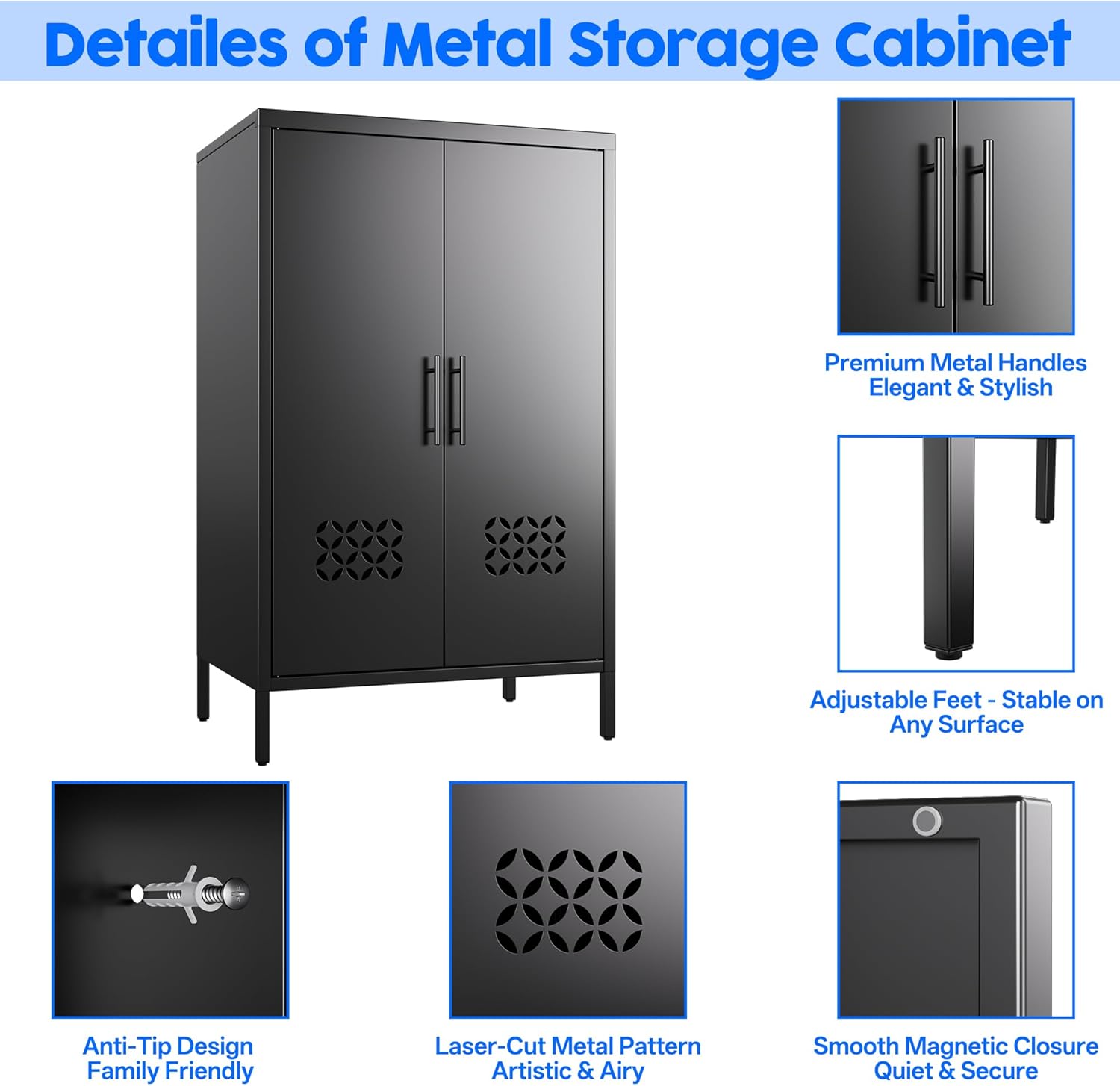 Metal Storage Cabinet with Adjustable Shelves,Metal Sideboard Cabinet with 2 Doors for Home,Office, 42" H x 26" W x 14" D,Assembly Required,Black