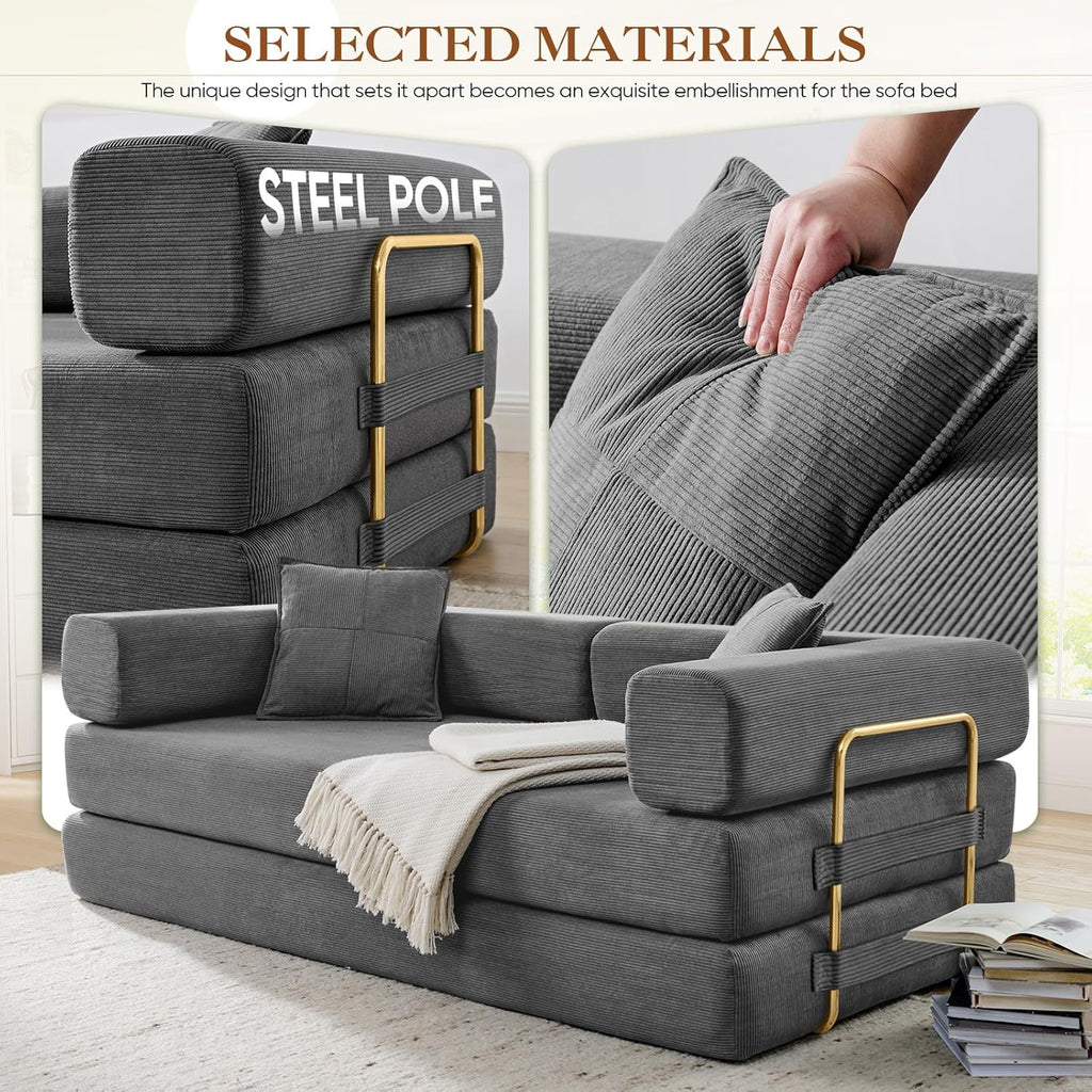 78" Convertible Futon Sofa Bed, 3-Seater Modern Corduroy Foam Floor King Size Bed Foldable Sleeper Lounge Loveseat Sofa Couch with 2 Throw Pillows for Living Room Bedroom Guest Room, Dark Grey