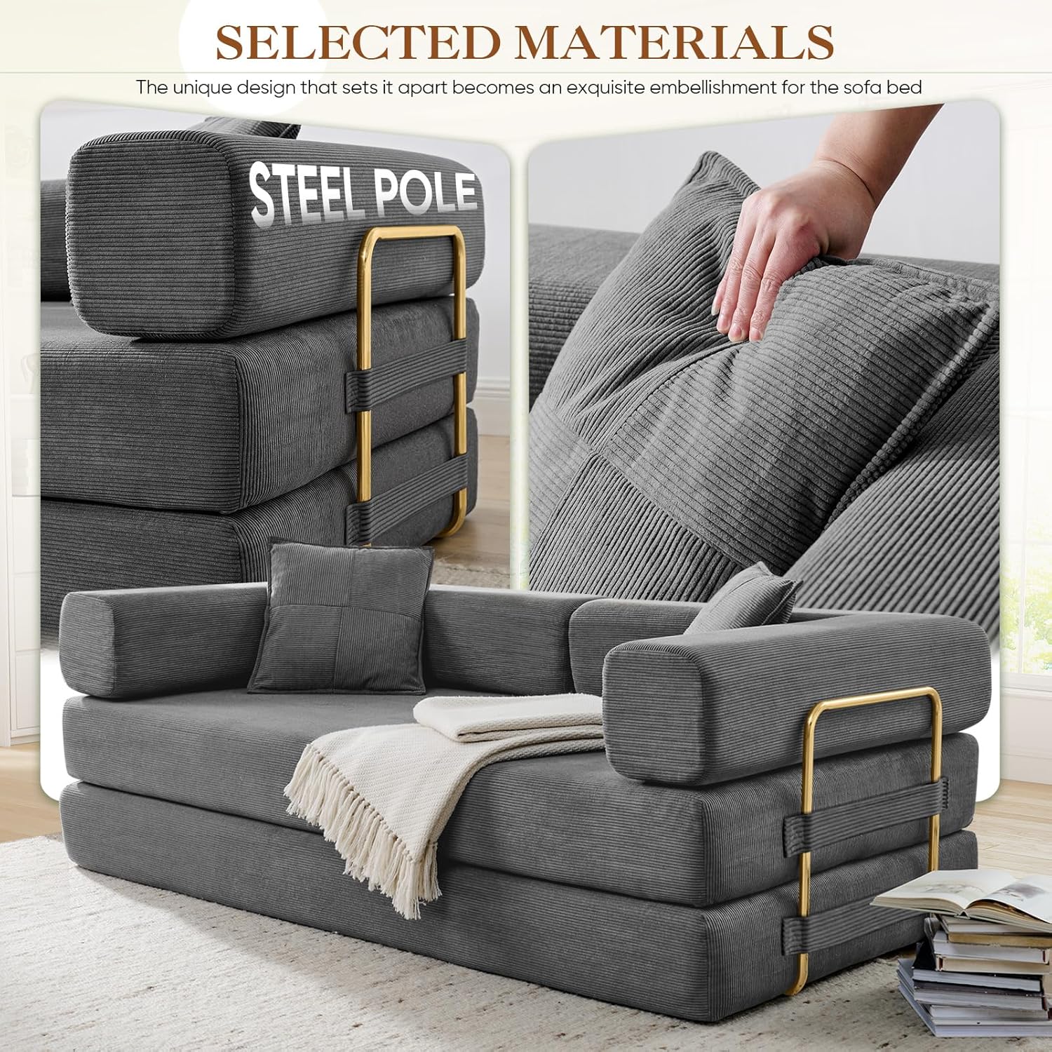 78" Convertible Futon Sofa Bed, 3-Seater Modern Corduroy Foam Floor King Size Bed Foldable Sleeper Lounge Loveseat Sofa Couch with 2 Throw Pillows for Living Room Bedroom Guest Room, Dark Grey