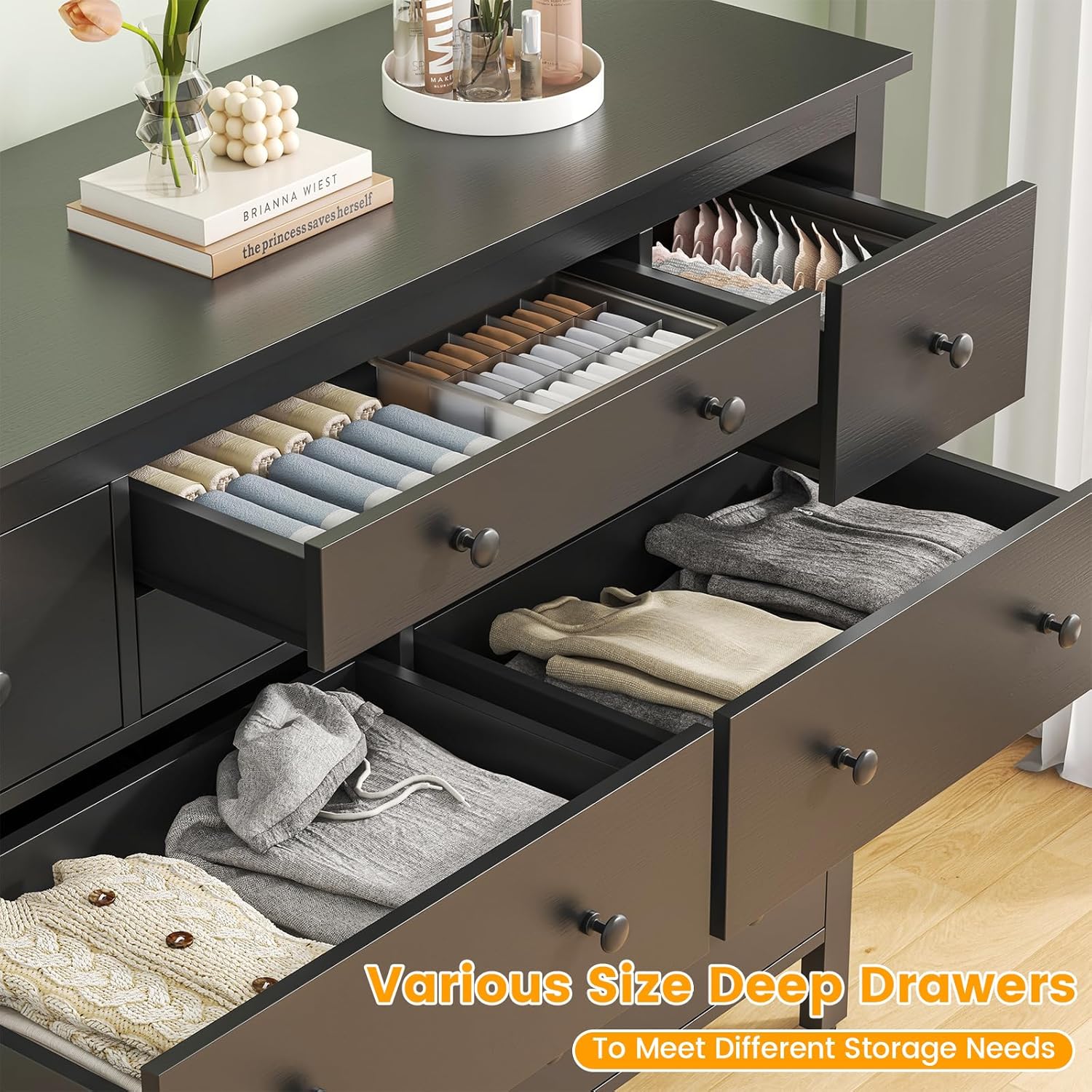 10 Drawer Large Black Dresser for Bedroom, 47.2" Long Chest of Drawers with Deep Drawers, Modern Wooden Storage Dresser for Closet, 36.2" Tall TV Stand for Living Room, Hallway, Entryway