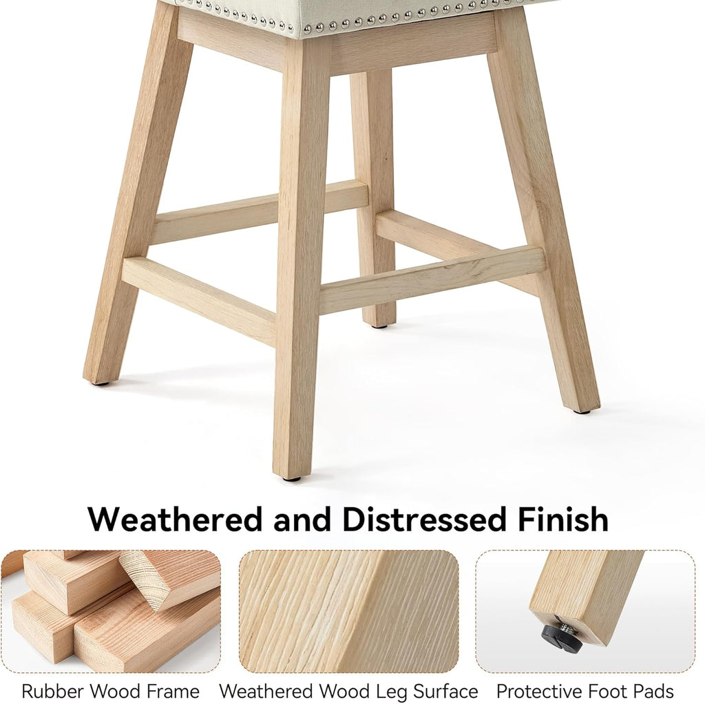 Counter Height Swivel Bar Stools Set of 2, Modern Linen Fabric Swivel Barstools with Back and Wood Legs, Upholstered 26" Seat Height Counter Stools for Kitchen Island, Home Bar, Beige
