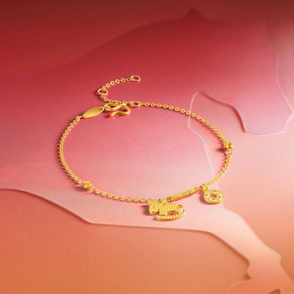 24K Real Gold Chain Bracelet Rocking Horse Pure Gold Coin Link Bracelets RICH Character Jewelry for Women Daughter Mom Gifts Birthday Valentine Anniversary 6.3-7.5"/16-19cm A0723991