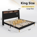 WLIVE King Size Upholstered Bed Frame with 48'' Tall Wingback Headboard, Velvet Square Tufted Platform Beds with Charging Station, Sturdy Metal & Wooden Slats Support, Black