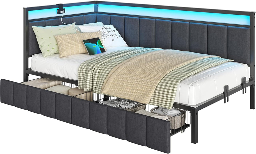 DICTAC Twin Corner Bed Frame with 2 Storage Drawers and Charging Station Twin Bed Frames with Storage and Led Lights Twin Size Daybed for Kids Teen with Upholstered Guardrail,No Box Spring Needed,Gray