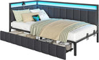 DICTAC Twin Corner Bed Frame with 2 Storage Drawers and Charging Station Twin Bed Frames with Storage and Led Lights Twin Size Daybed for Kids Teen with Upholstered Guardrail,No Box Spring Needed,Gray