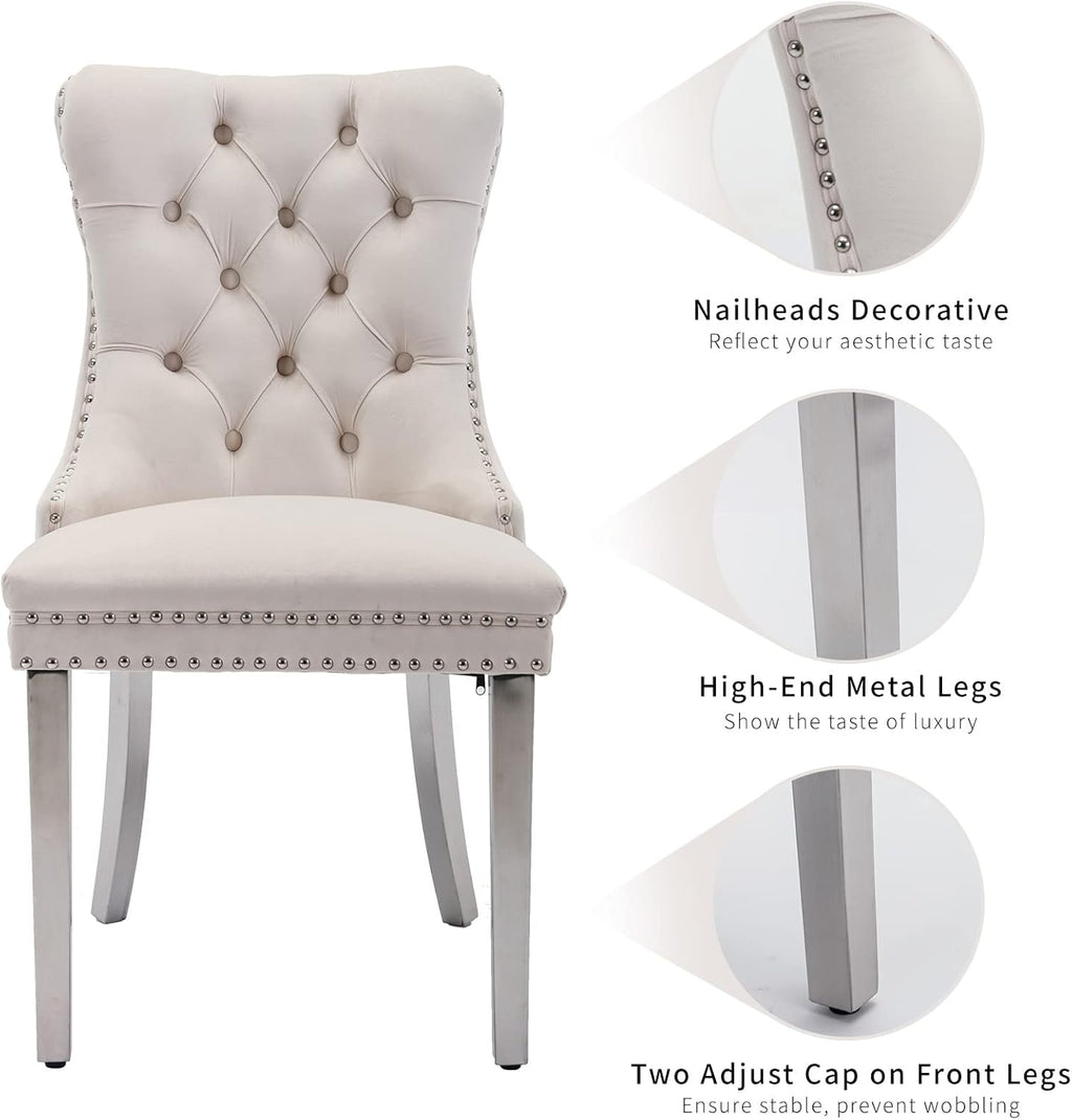 Velvet Dining Chairs Set of 6, Kitchen & Dining Room Chairs Set of 6, Tufted Dining Chairs, Velvet Upholstered, Chrome Metal Legs (Beige)