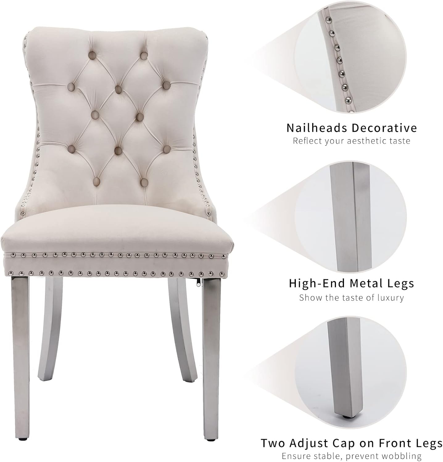 Velvet Dining Chairs Set of 6, Kitchen & Dining Room Chairs Set of 6, Tufted Dining Chairs, Velvet Upholstered, Chrome Metal Legs (Beige)