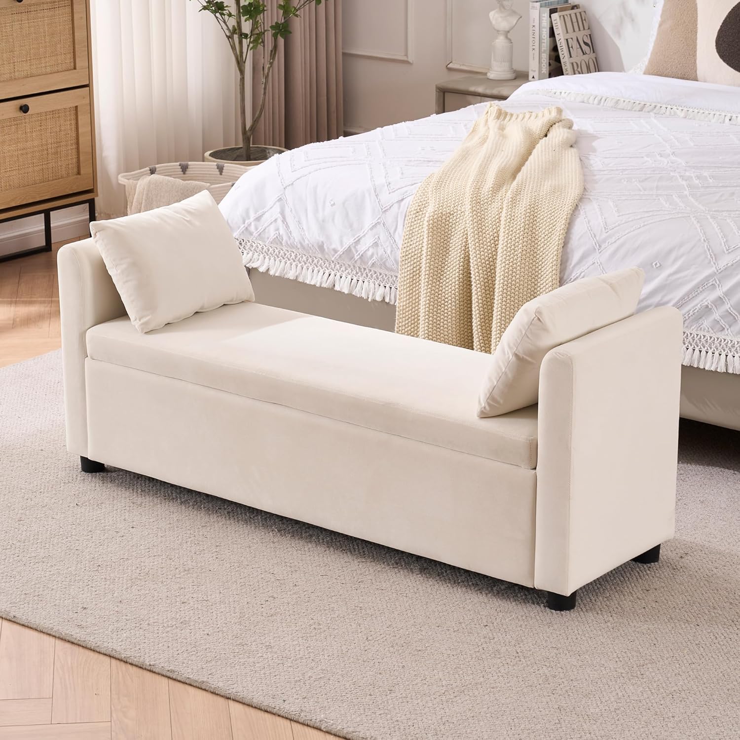 Storage Bench for Bedroom, 55" End of Bed Bench for King Size Bed, Modern Upholstered Long Ottoman Bench with Arms and 2 Pillows for Living Room/Entryway (Ivory White)