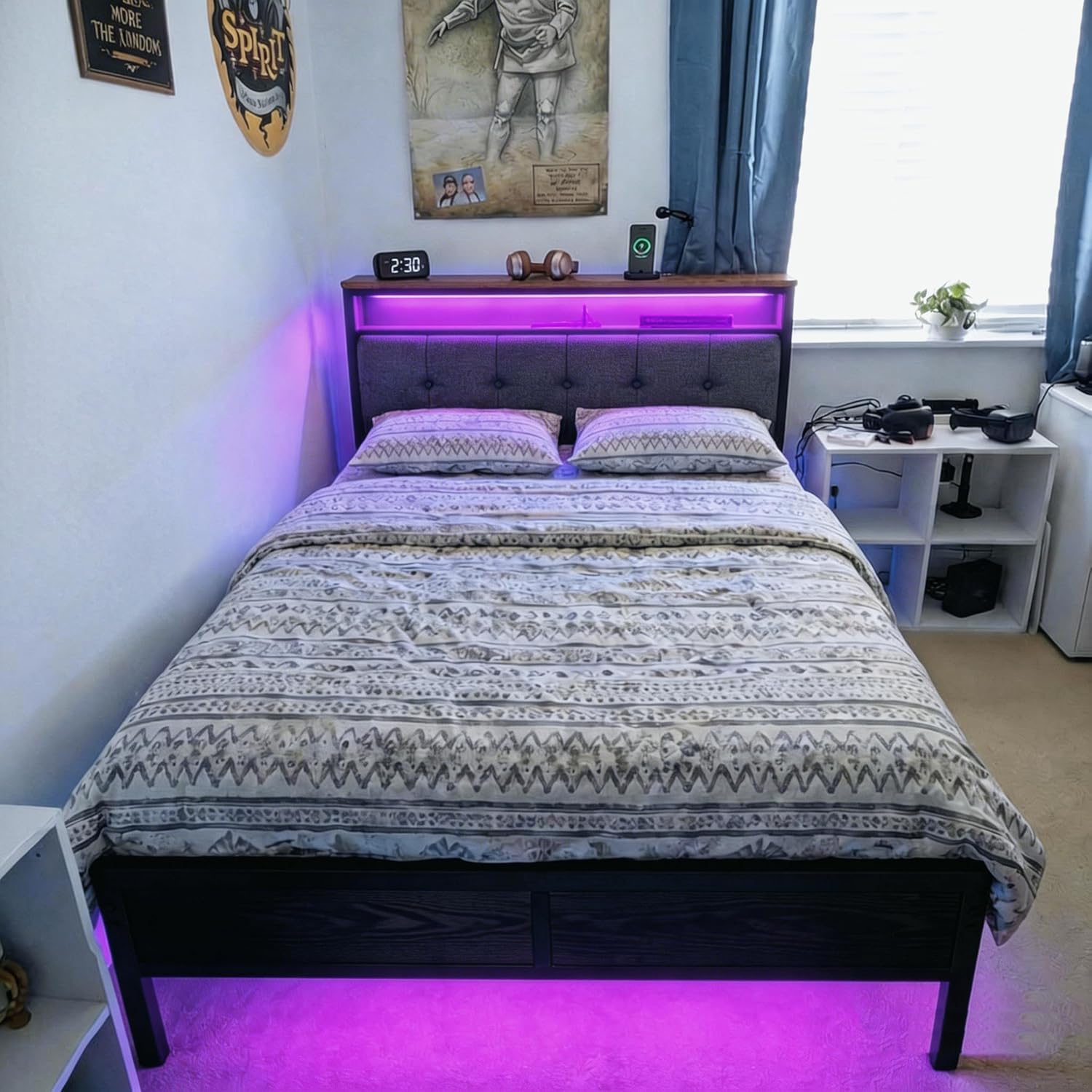 Full Size Bed Frame Smart RGB LED Lights, Grey Upholstered Headboard with Charging Station Type C&2-Tier Storage Shelves,12" Under-Bed Storage, Noise-Free,Easy Assembly,Black