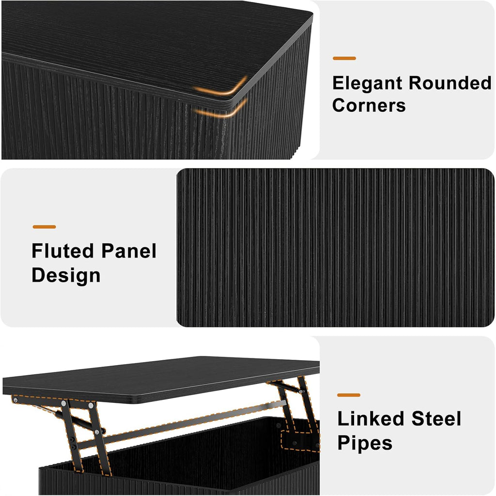 FABATO Mid Century Modern Coffee Table, Wooden Fluted Center Table with Large Hidden Compartment, 41.7” Rectangle with Round Corners, Lift Up Farmhouse Wood Table for Living Room, Home Office, Black