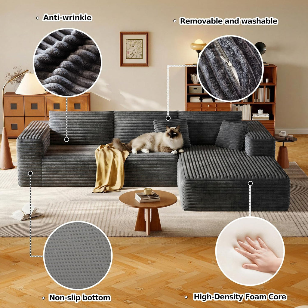 108.2" Modular Sectional Sofa with Deep Seat, Boneless L Shaped Corduroy Couch Modern Comfort, Cloud Couch Oversized for Living Room No Assembly (Right Facing Chaise,Gray)