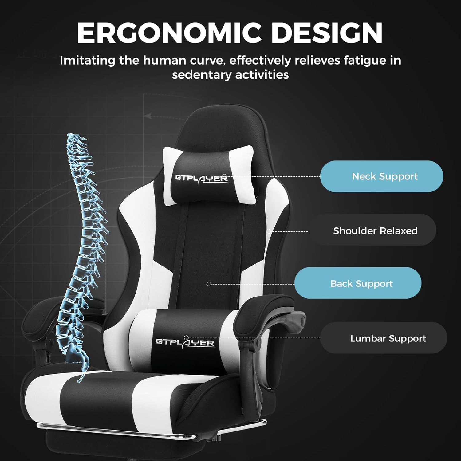 GTPLAYER Gaming Chair, Computer Chair with Footrest and Lumbar Support, Height Adjustable Game Chair with 360°-Swivel Seat and Headrest and for Office or Gaming (Fabric, Black White)