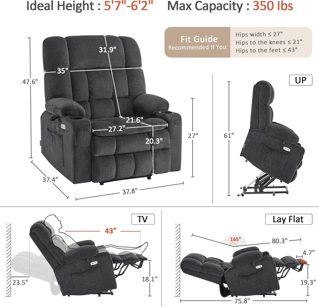 MCombo Oversized Power Lift Recliner Chair for Elderly, Dual Motor Lift Chair with Heat and Massage, Lay Flat Lift Chair for Big and Tall, Cup Holders, Fabric R7891 (Oversize, Dark Gray)