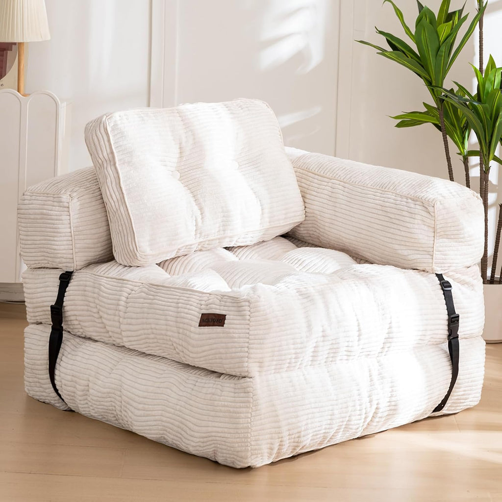 MAXYOYO Folding Sofa Bed, L-Shaped Convertible Sofa Foldable Sleeper Couch with Pillow, Portable Fold Out Chair Bed with Armrest Comfy Floor Lounge for Living Room Bedroom, Beige