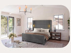 Queen Bed Frame with 56.7" Tall Headboard & Reading Lights, Corduroy Upholstered Wingback Platform Bed with Charging Station, Modern Retro Design, Noise Free, No Box Spring Required, Grey