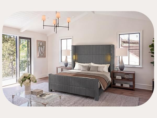 Queen Bed Frame with 56.7" Tall Headboard & Reading Lights, Corduroy Upholstered Wingback Platform Bed with Charging Station, Modern Retro Design, Noise Free, No Box Spring Required, Grey