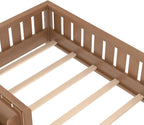 Bellemave Natural Montessori Floor Bed with Fence and Slats, Twin Size Montessori Floor Bed with Bookcase and High Rails, Easy Assemble Bed Frame for Girls, Boys, Twin