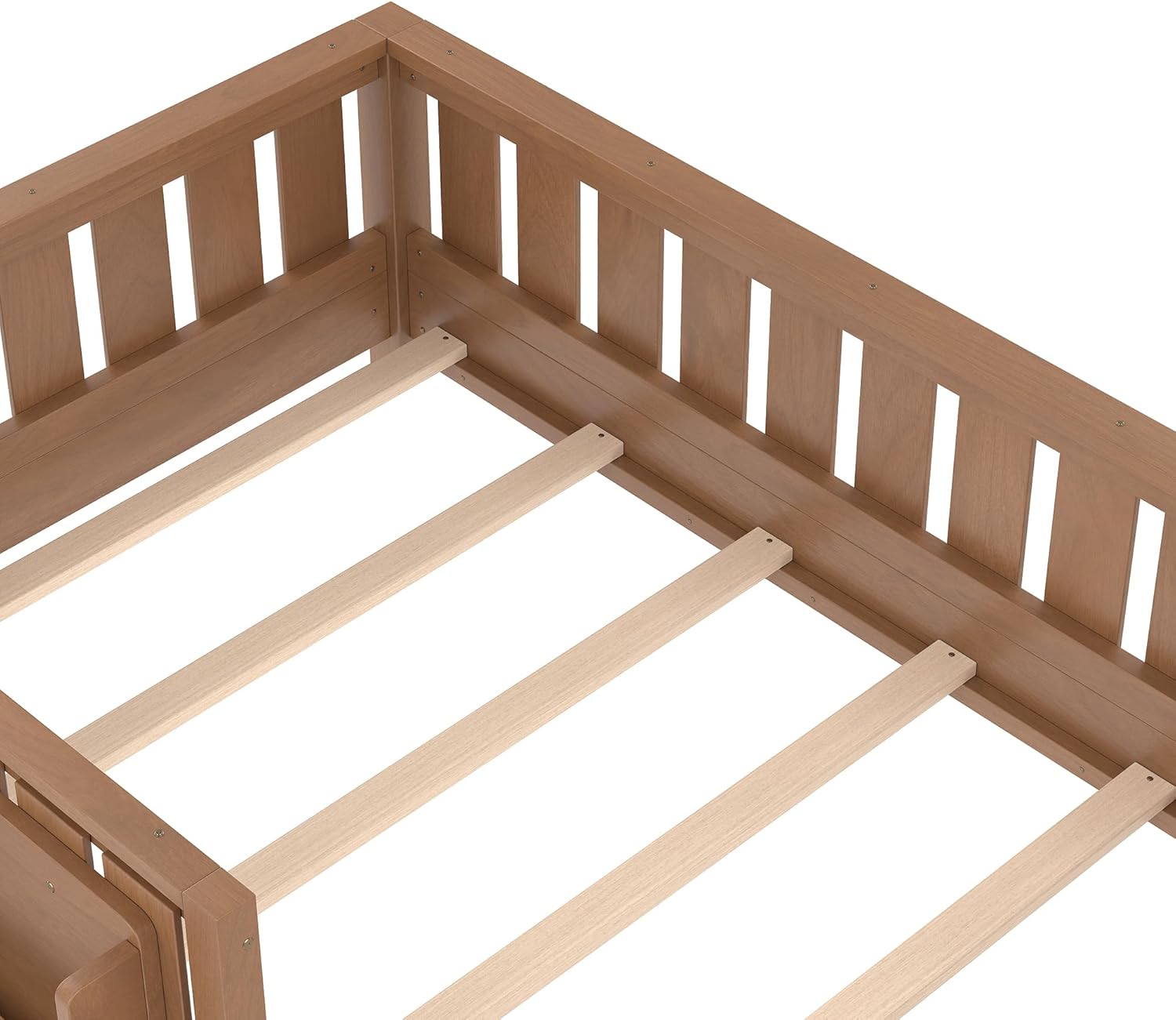 Bellemave Natural Montessori Floor Bed with Fence and Slats, Twin Size Montessori Floor Bed with Bookcase and High Rails, Easy Assemble Bed Frame for Girls, Boys, Twin