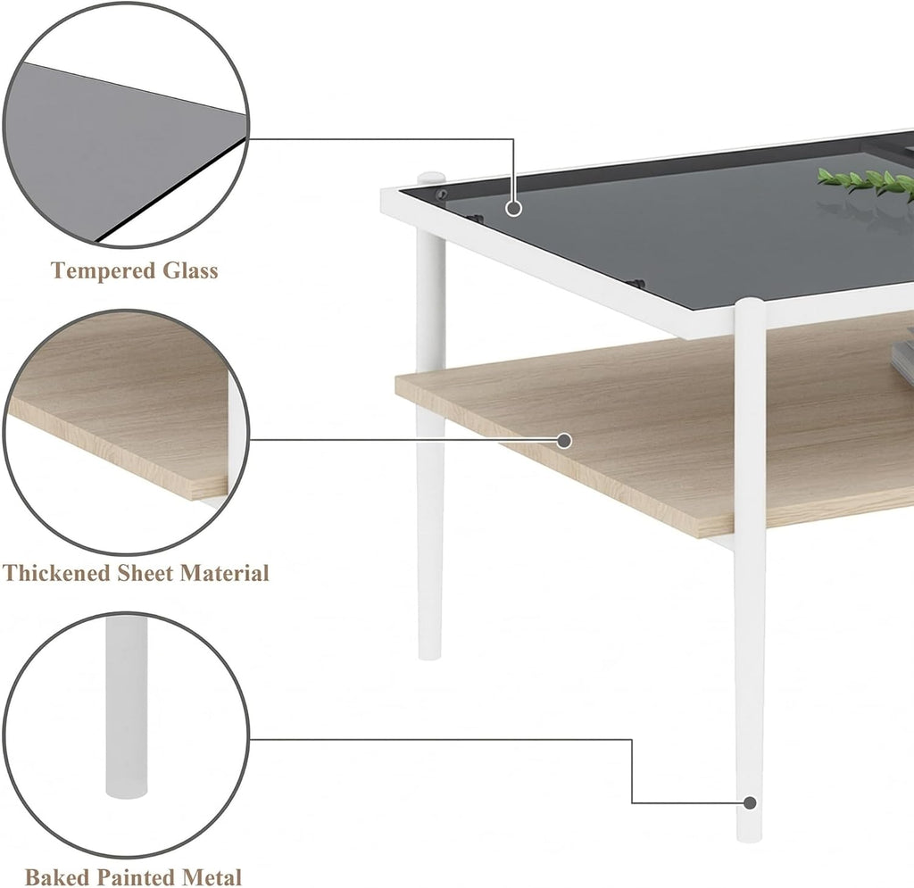 Casaphoria Rectangle Coffee Table with Gray Tempered Glass Top, Modern 2-Tier Center Cocktail Table with White Metal Legs and Wood MDF Storage Shelf for Living Room Apartment, 38 Inch, 220 LBS