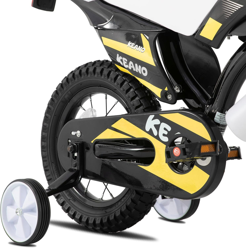 KEANO Motocross Style Kids Bike for Boys Girls Ages 3-7 Years, 12 & 16 Inch Bikes with Training Wheels and Number Plate, Children Bicycles Black