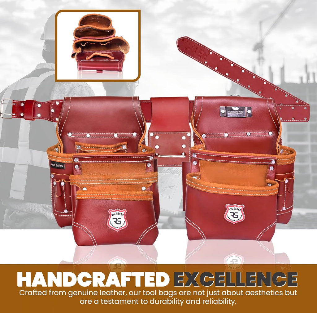 Professional 11 Pockets Leather Tool Pouch Bags/Carpenter Tool Belt Set | Heavy-duty Drywall Pouch, Electrician Pouch, And Framing Tool Belt Pouches (Maroon, Standard)