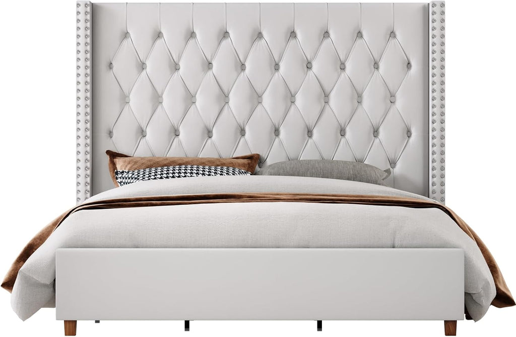Jocisland King Size Bed Frame with 61.4" Tall Headboard, Velvet Upholstered Wingback Platform Design, Handcrafted Pleats& Deep Button Tufted, Solid Wood Legs, No Box Spring Needed, Cream