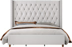 Jocisland King Size Bed Frame with 61.4" Tall Headboard, Velvet Upholstered Wingback Platform Design, Handcrafted Pleats& Deep Button Tufted, Solid Wood Legs, No Box Spring Needed, Cream