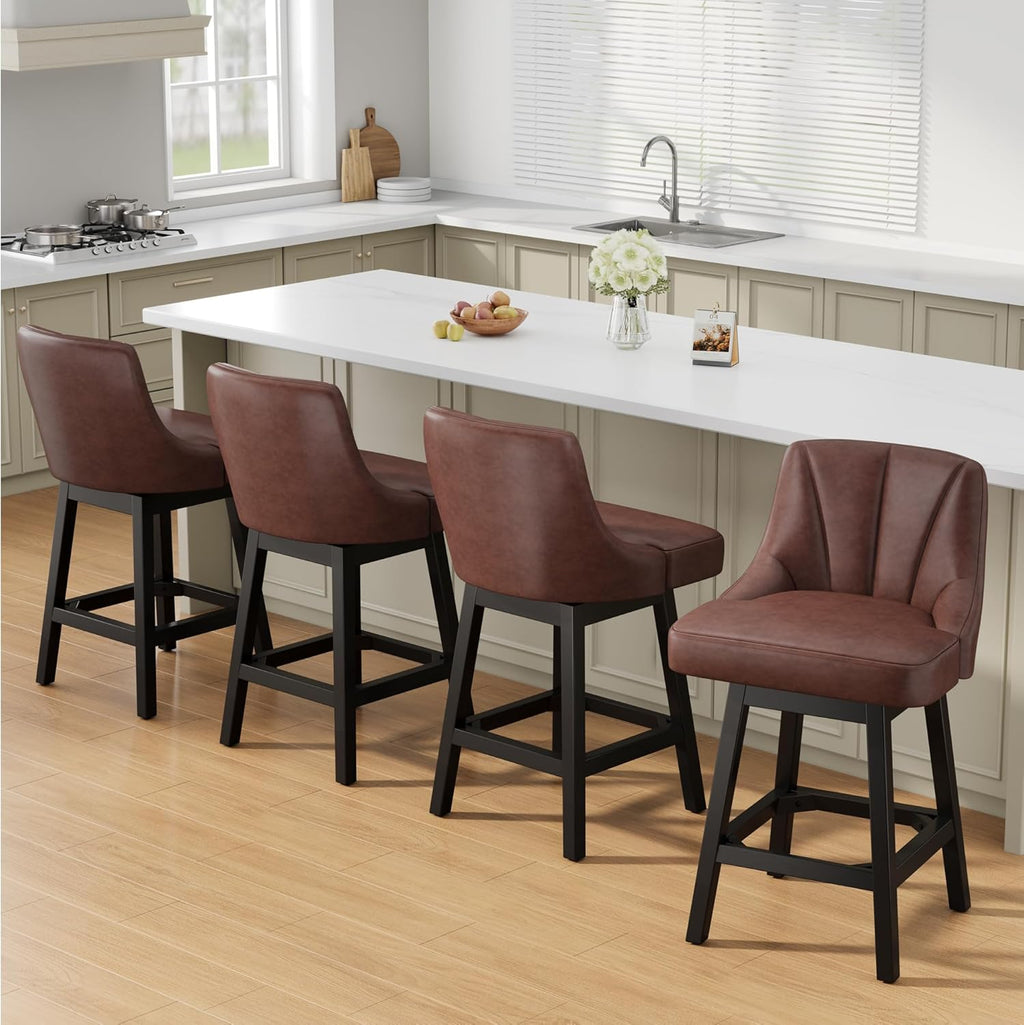 Swivel Bar Stools with Backs, 26" Counter Height Bar Stools Set of 4, Modern Leather Extra Upholstered Counter Barstools with Square Solid Wood Legs for Kitchen Island, Dining Room, Brown