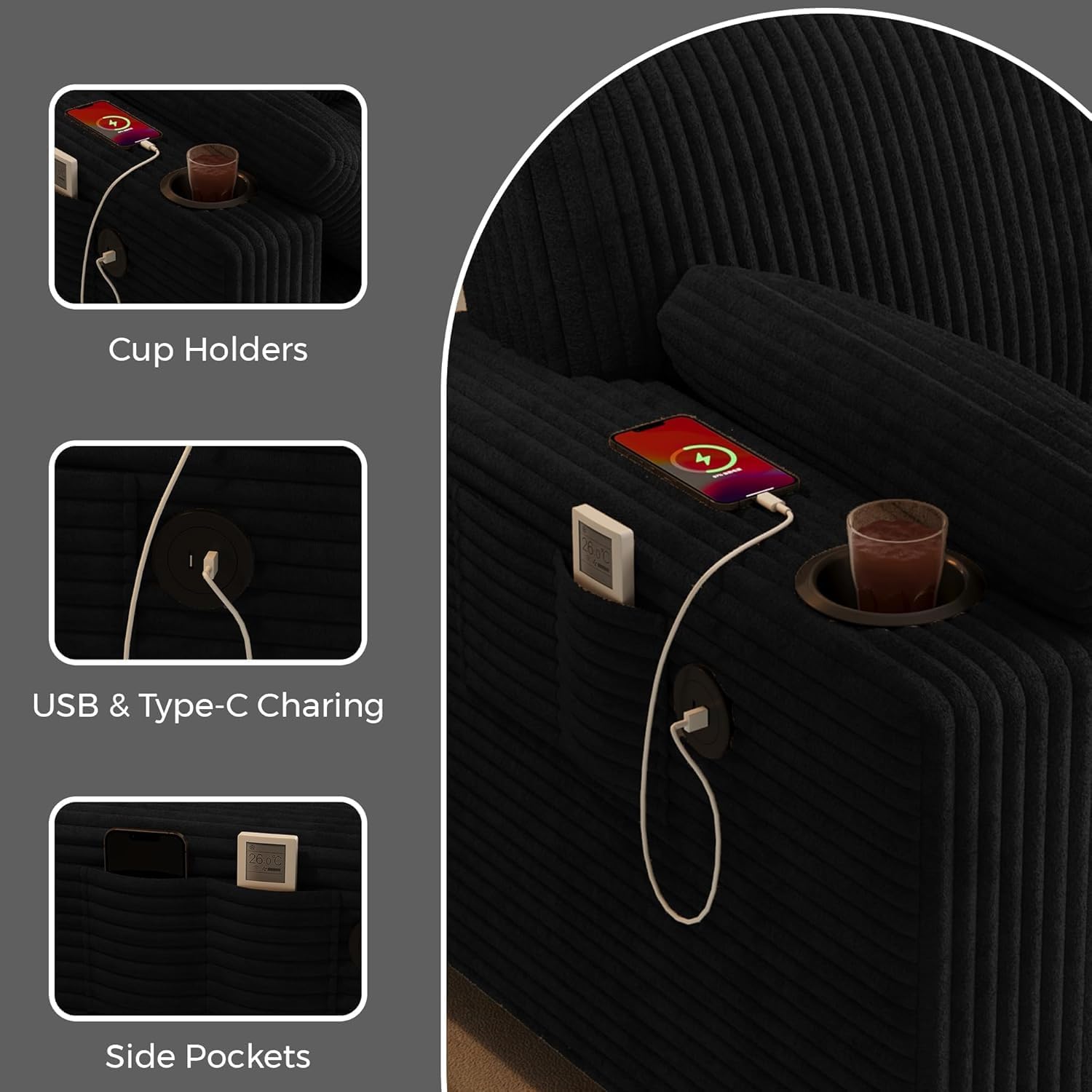 Anwick 78" Corduroy Small Couches for Living Room, Modern Upholstered Loveseat Sofa with USB & Cup Holders, Side Pocket, Soft Deep 2-Seater Sofa Couch for Living Room Bedroom Office Apartment (Black) | USB, Cup Holders, Side Pocket