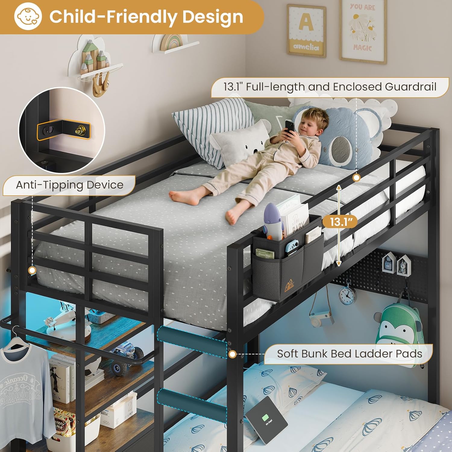DICTAC Twin Over Full Bunk Bed with 4 Storage Drawers and 3-Tier Open Bookshelf Metal Bunk Bed with LED Lights,Charging Station and Pegboard,L-Shaped bunk Beds with Safety Guardrail and Ladder,Black