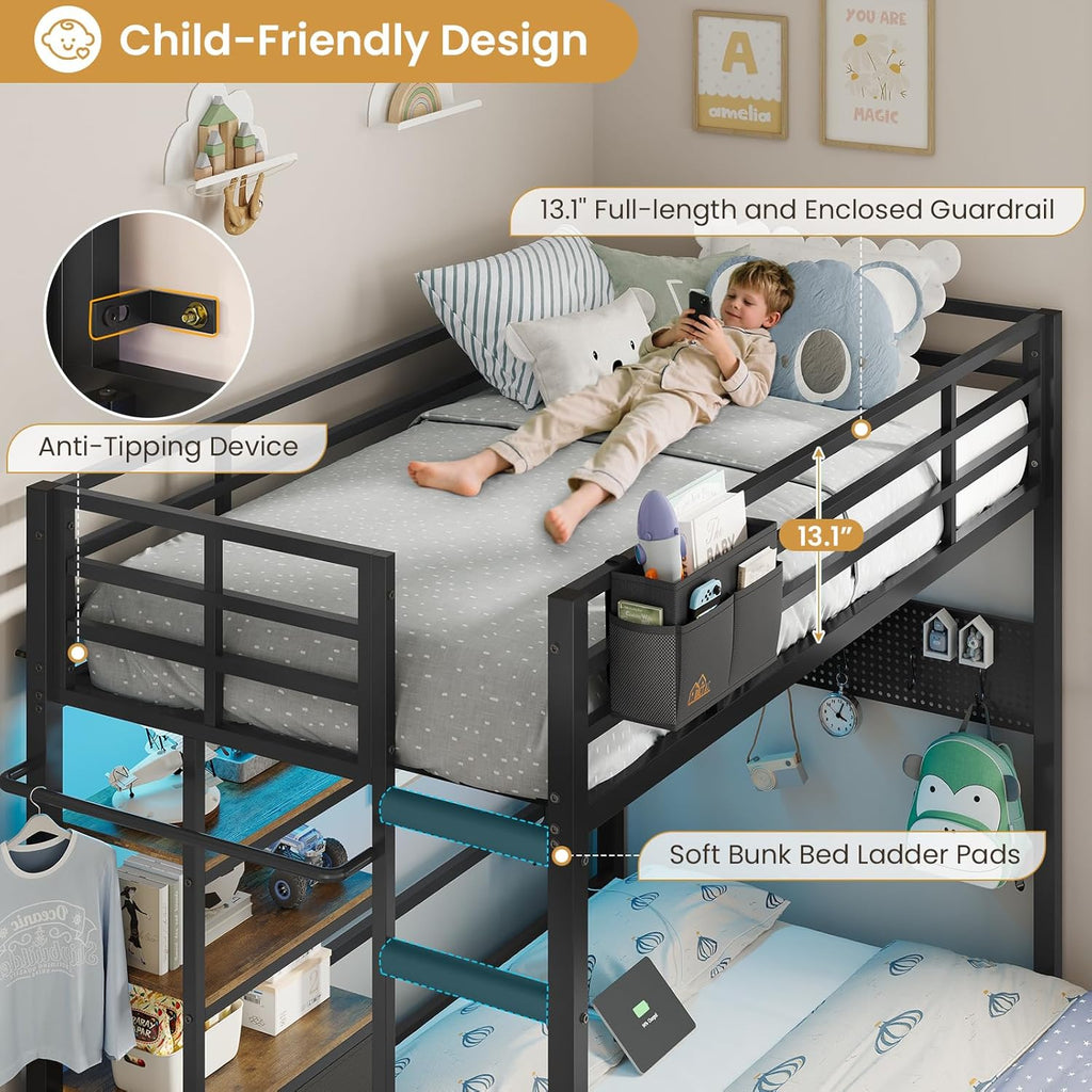 DICTAC Twin Over Full Bunk Bed with 4 Storage Drawers and 3-Tier Open Bookshelf Metal Bunk Bed with LED Lights,Charging Station and Pegboard,L-Shaped bunk Beds with Safety Guardrail and Ladder,Black