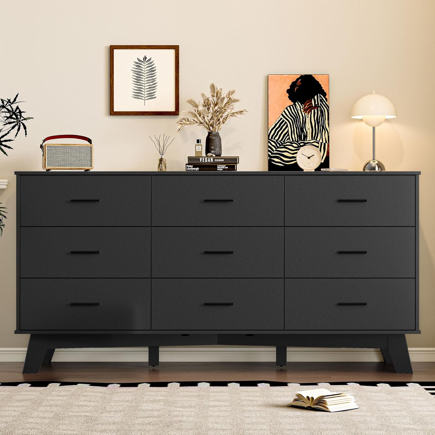 Dresser for Bedroom with 9-Drawer, 59" Wide Modern Chest of Drawers with Metal Handles, X-Shape Base & Adjustable Center Leg, Anti-Tip Closet Organizers and Storage