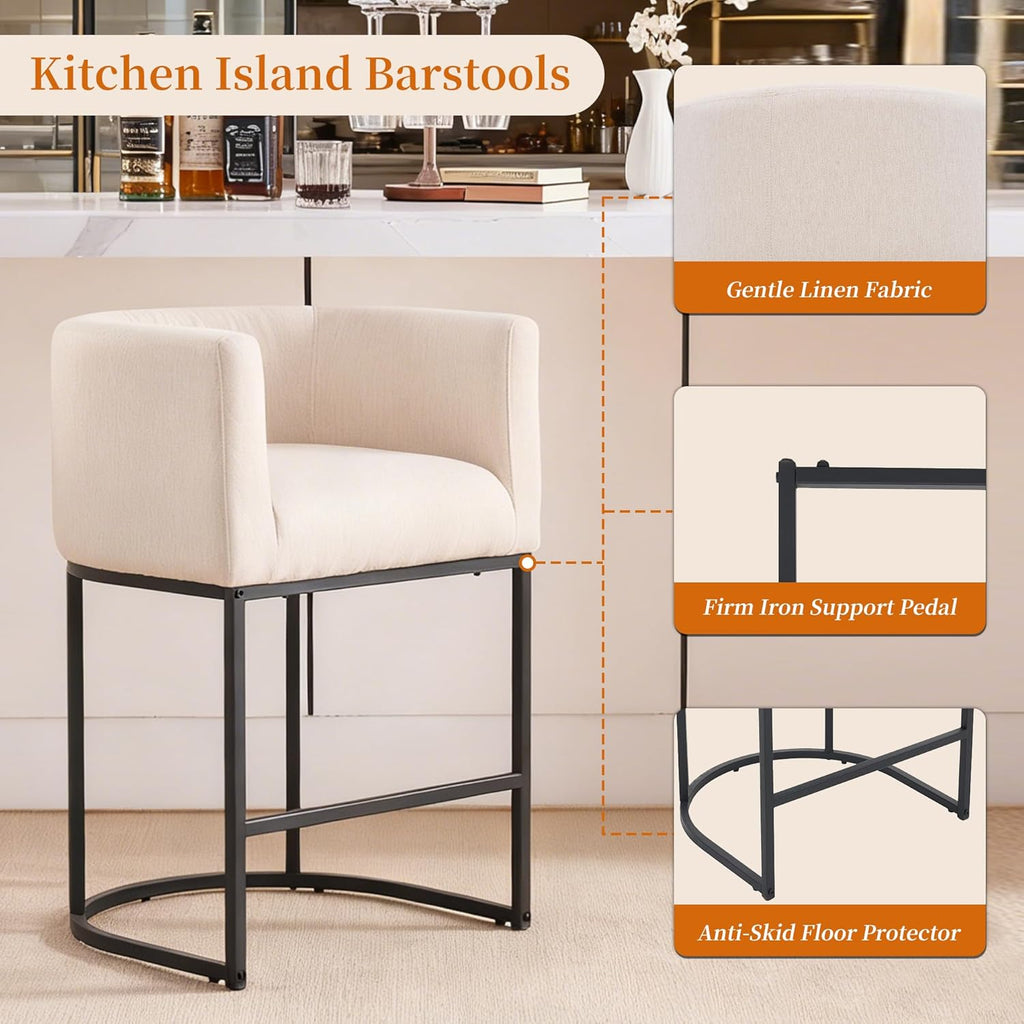 26" Counter Height Bar Stools Set of 3, Linen Fabric Upholstered Kitchen Counter Bar Stools, Modern Barrel Accent Barstools for Island with Backrest and Arms, Black Metal Frames, Linen