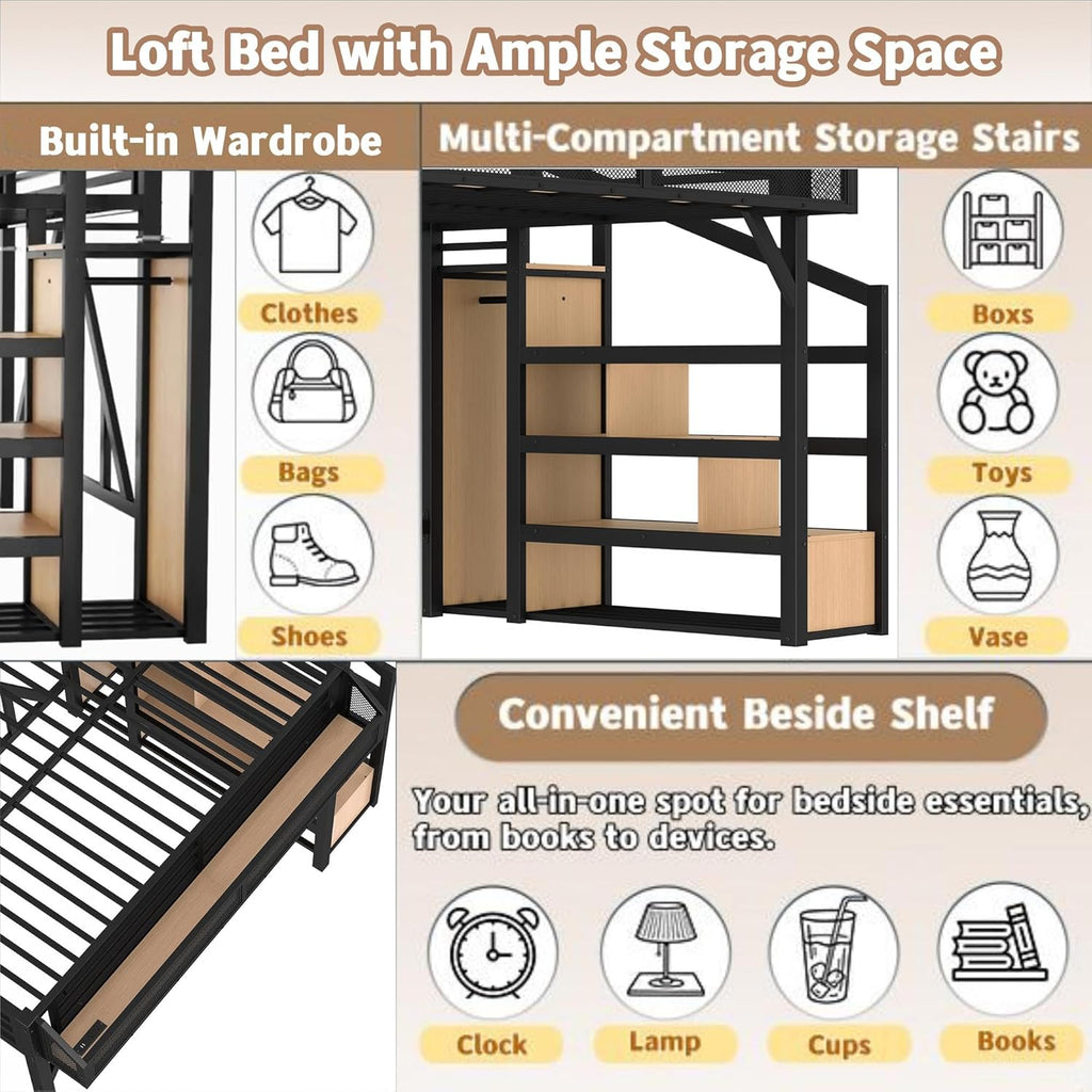 Bellemave Full Loft Beds with Storage Beside Shelves and Wardrobe, Metal Loft Bed with LED Lights and USB Ports, Heavy-Duty Loft Bed Frame for Teens, Adults, Noise-Free & Space-Saving, Black+Natural