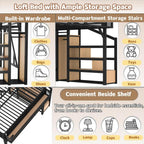 Bellemave Full Loft Beds with Storage Beside Shelves and Wardrobe, Metal Loft Bed with LED Lights and USB Ports, Heavy-Duty Loft Bed Frame for Teens, Adults, Noise-Free & Space-Saving, Black+Natural