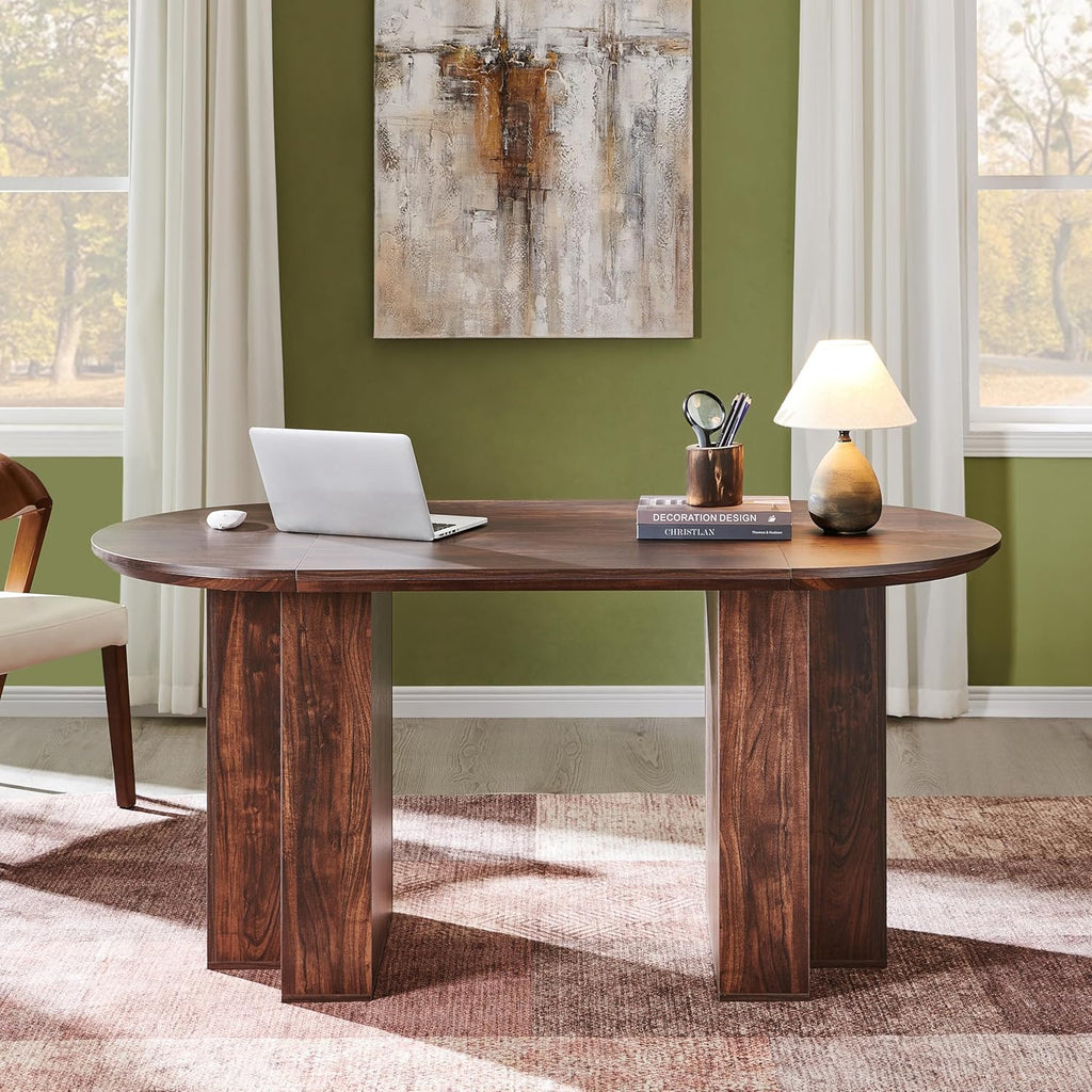OKD 63 Inch Modern Wood Oval Dining Table for 4-6, Dining Room Table with Stable T-Shaped Base & Metal Frame & Thick Tabletop, Sturdy Kitchen Table for Dinner Room, Kitchen, Gathering, Dark Walnut