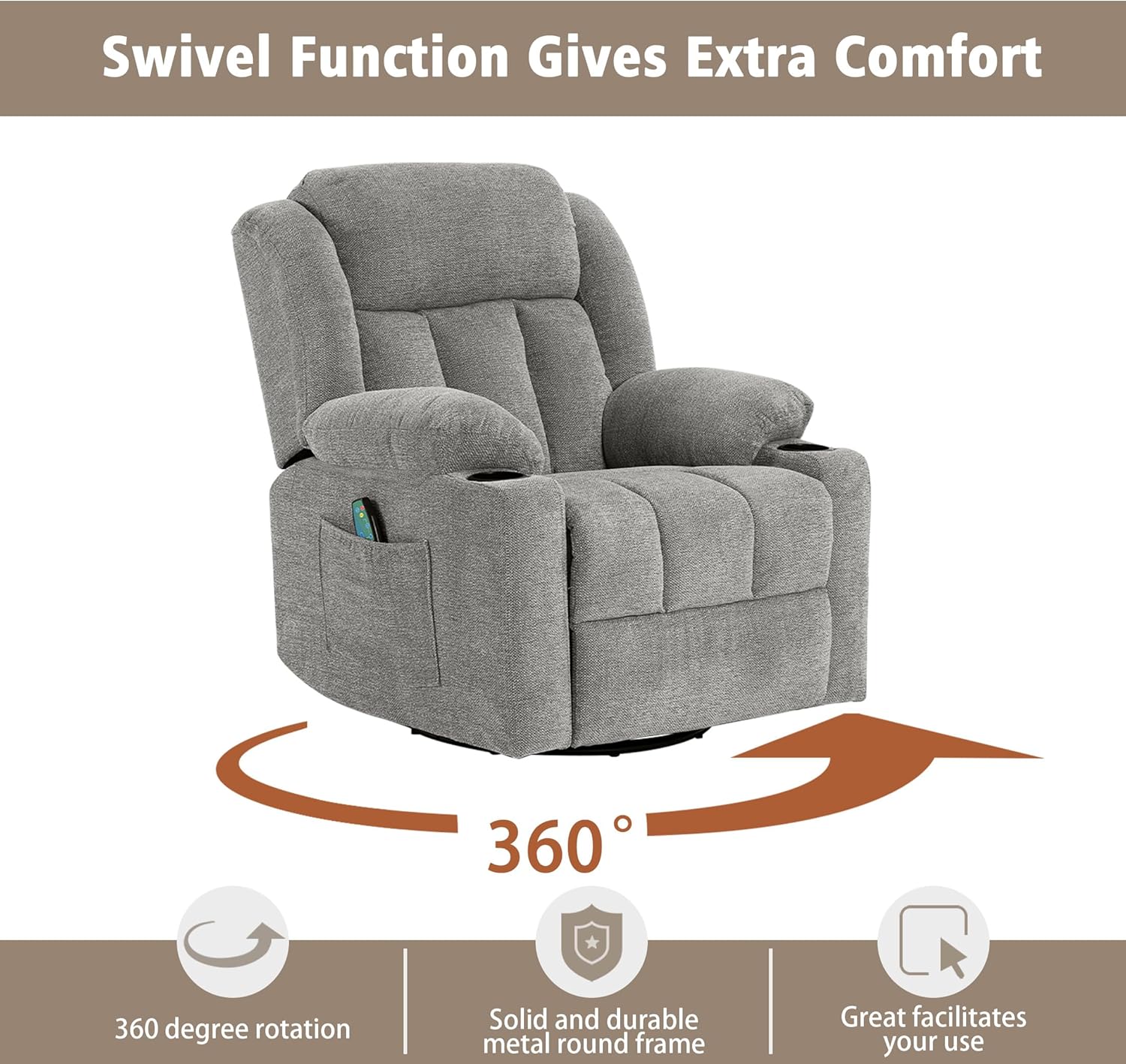 Rocker Swivel Recliner Chair for Adults, Overstuffed Large Manual Recliner Glider with Massage and Heat, Comfy Soft Fabric Living Room Reclining Sofa Chair (Lime Gray)