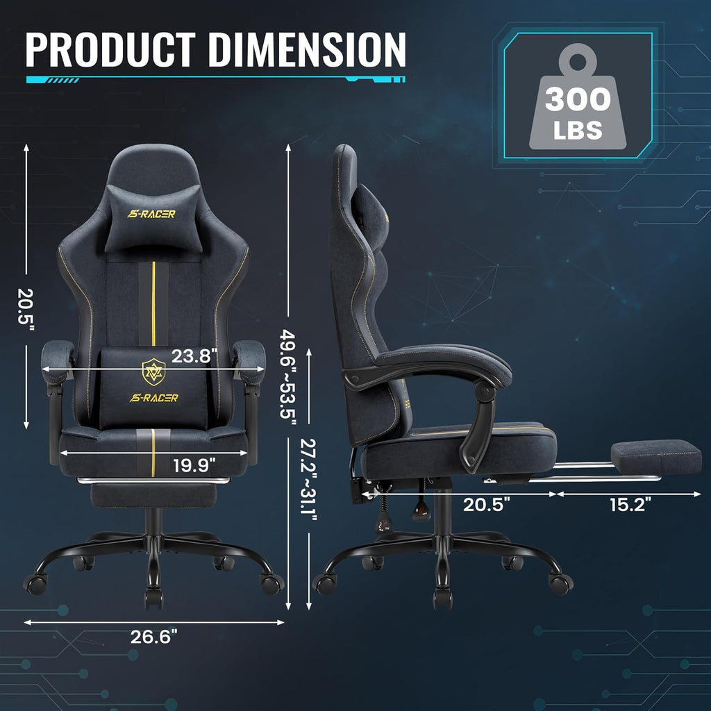 Homall Gaming Chair with Massage & Footrest, Ergonomic Computer Office Chair, High-Back Racing Style Reclining Chair with Adjustable Lumbar Support, Breathable Tech Fabric for Adults (Dark Black)