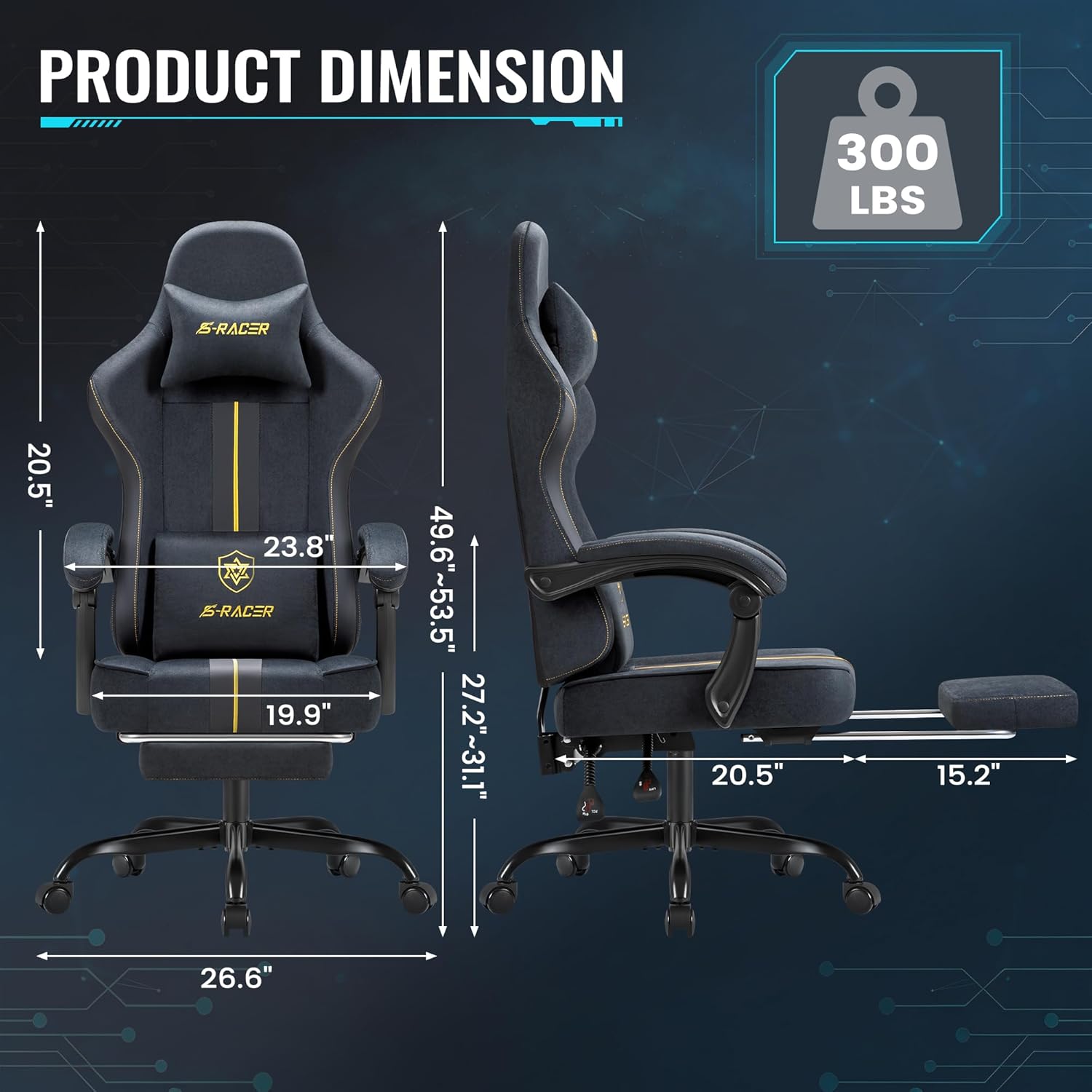 Homall Gaming Chair with Massage & Footrest, Ergonomic Computer Office Chair, High-Back Racing Style Reclining Chair with Adjustable Lumbar Support, Breathable Tech Fabric for Adults (Dark Black)