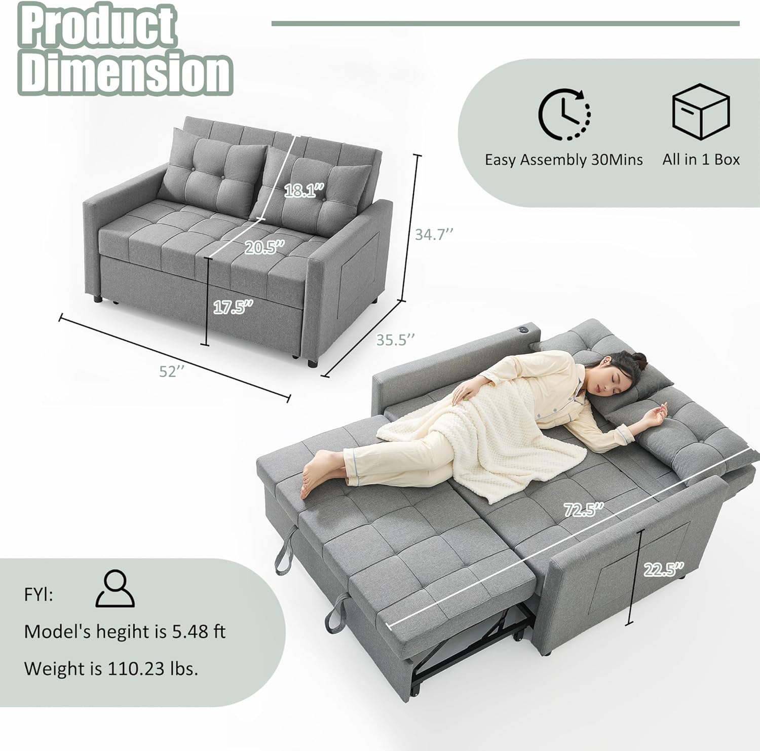 52" Sleeper Sofa with Pull-Out Bed, 3-in-1 Convertible Sofa Bed, Set of Loveseat with Stepless Adjustable Backrest and Side Pocket, for Living Room Dorm Apartment, Linen, Light Gray
