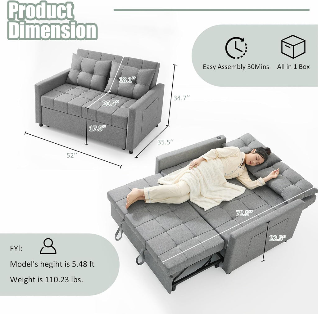 52" Sleeper Sofa with Pull-Out Bed, 3-in-1 Convertible Sofa Bed, Set of Loveseat with Stepless Adjustable Backrest and Side Pocket, for Living Room Dorm Apartment, Linen, Light Gray